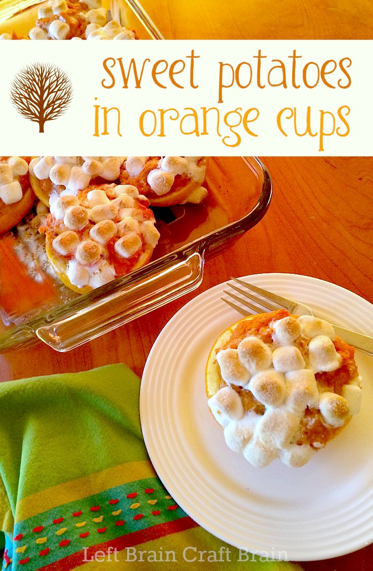 Toasty Sweet Potatoes in Orange Cups is a perfect recipe for Thanksgiving or a Tuesday night.  My daughter loves putting the marshmallows on too!