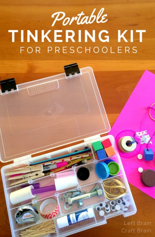 Make your preschooler a portable tinkering kit full of loose parts perfect for inventing. Builds STEM skills in preschoolers.  It makes a great Christmas or birthday gift for aspiring engineers, too.