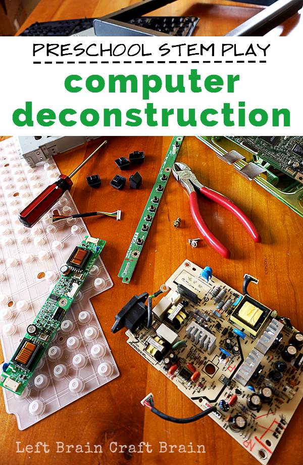 Computer deconstruction is perfect preschool STEM play because tinkering with electronic parts helps kids develop creativity and problem solving skills.