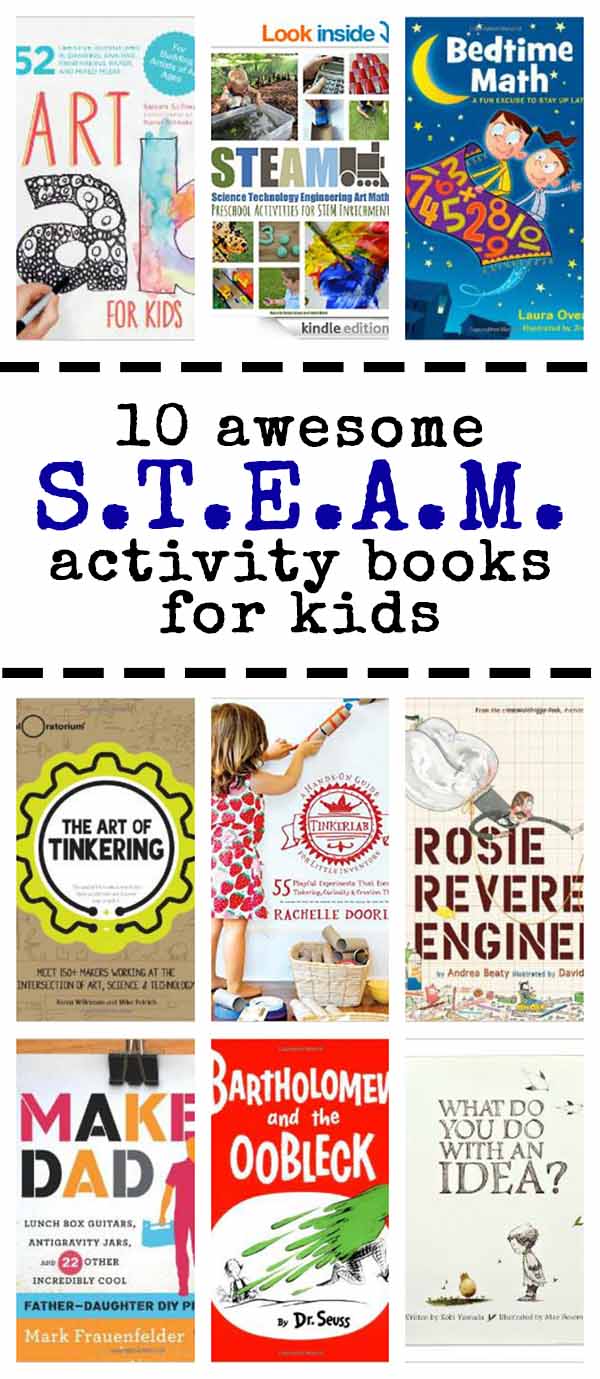 10 fun activity books with STEAM (science, technology, engineering, art & math) ideas for kids.