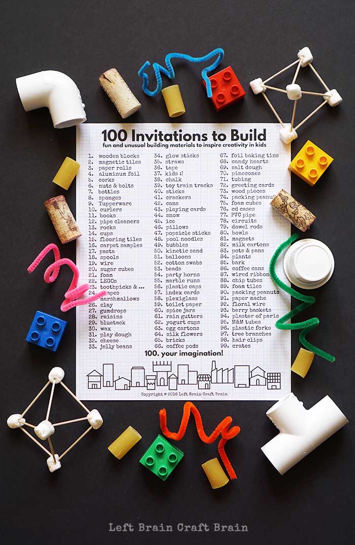 Inspire the kids to create with 100 Invitations to Build, a free printable filled with fun & unusual building materials inspired by Iggy Peck, Architect.