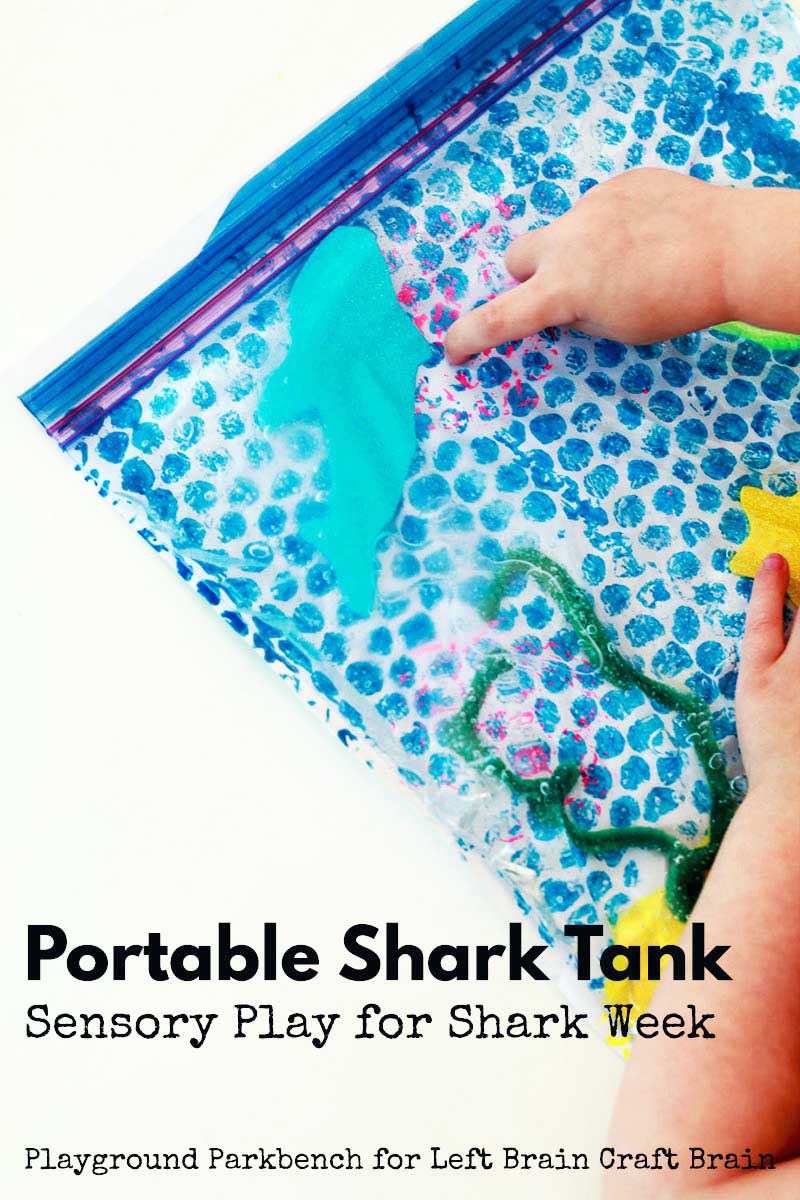 Create a simple sensory play bag in the form a portable shark tank to celebrate Shark Week with kids of all ages. Your toddler or preschooler will LOVE making the multi-media and textured tank, carrying around their shark, and moving it around. | Sensory Play | Kids Crafts | Art for Kids | STEAM | STEM | Shark Week | Toddler | Preschool | Totschool