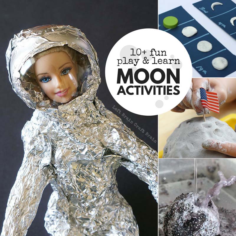 10+ fun play & learn moon activities with pictures of foil wrapped astronaut barbie, fizzing moon rock, moon playdough with flag, phases of the moon dough