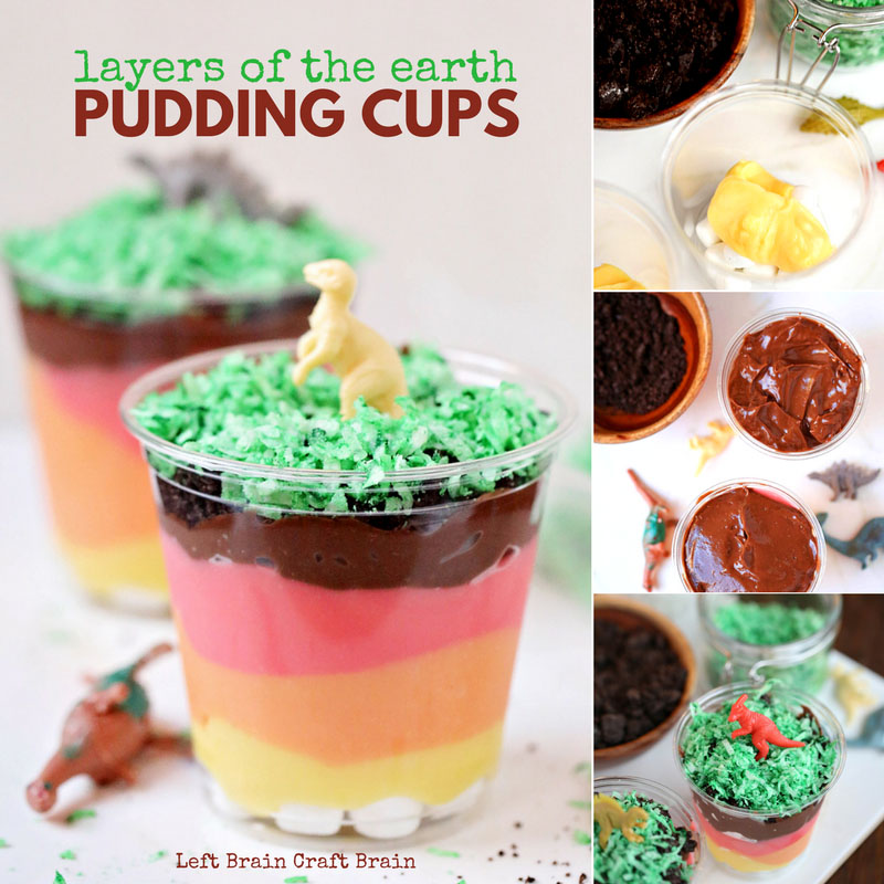Kids can learn with every delicious bite of this Layers of the Earth Pudding Cup. These dinosaur topped treats make fun party desserts too. STEM made fun!