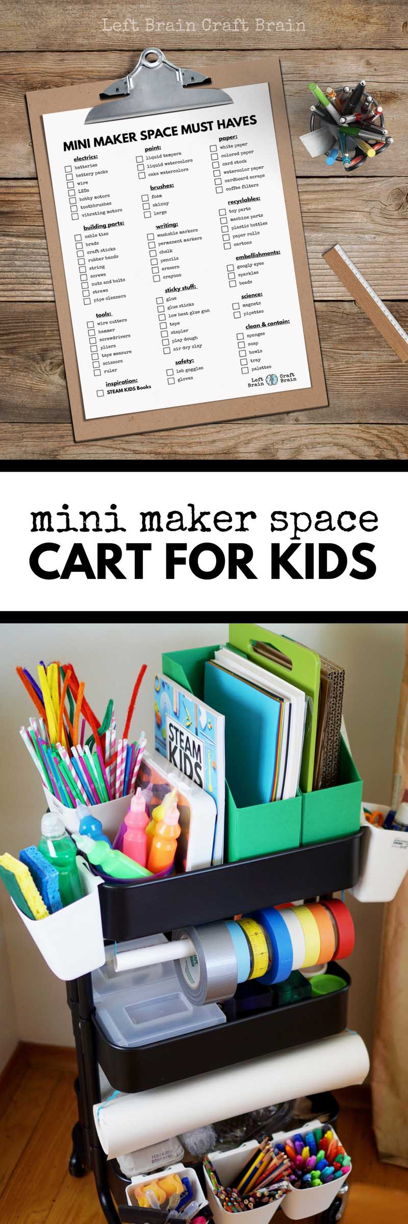 Use this helpful checklist to create a Mini Maker Space Cart for Kids filled with STEM & STEAM projects like circuits, art, and tinkering.