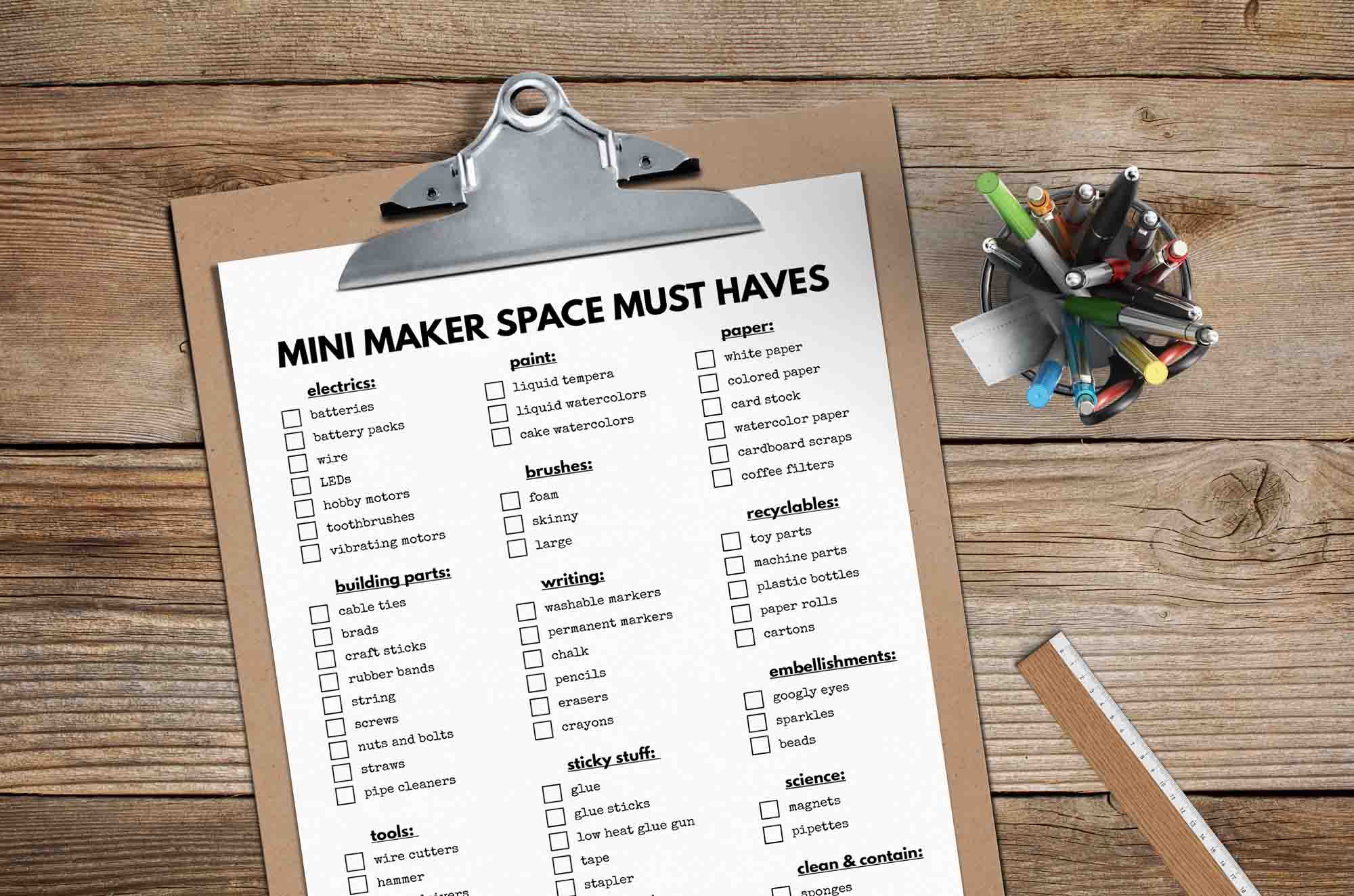 Mini Maker Space Must Haves Checklist with Supplies no logo