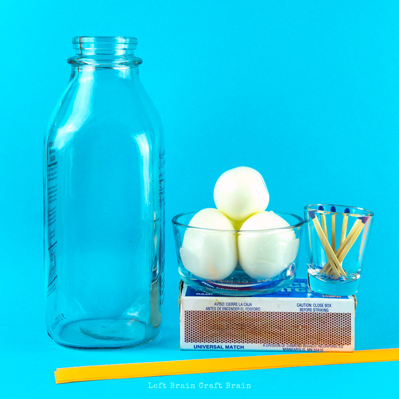 egg in a bottle science experiment supplies - eggs, matches, milk bottle, paper