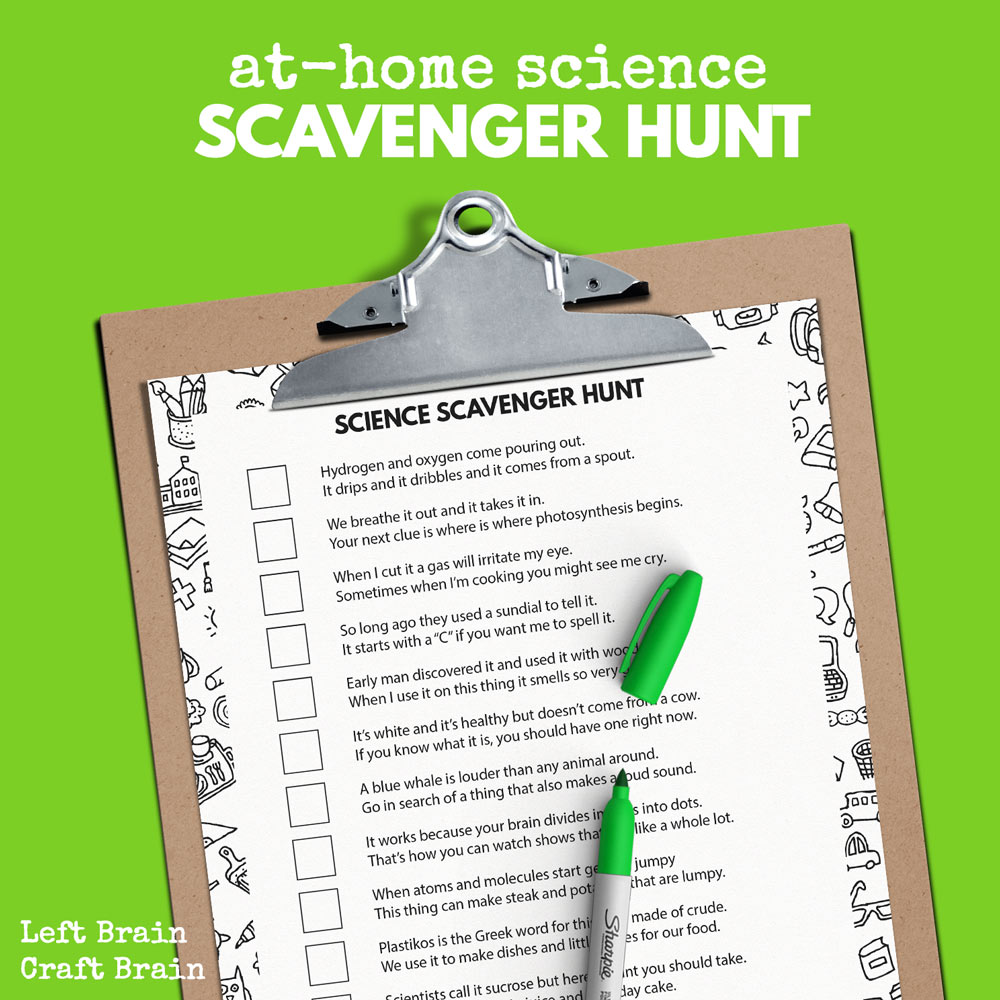 at-home science scavenger hunt printable on clip board with green marker