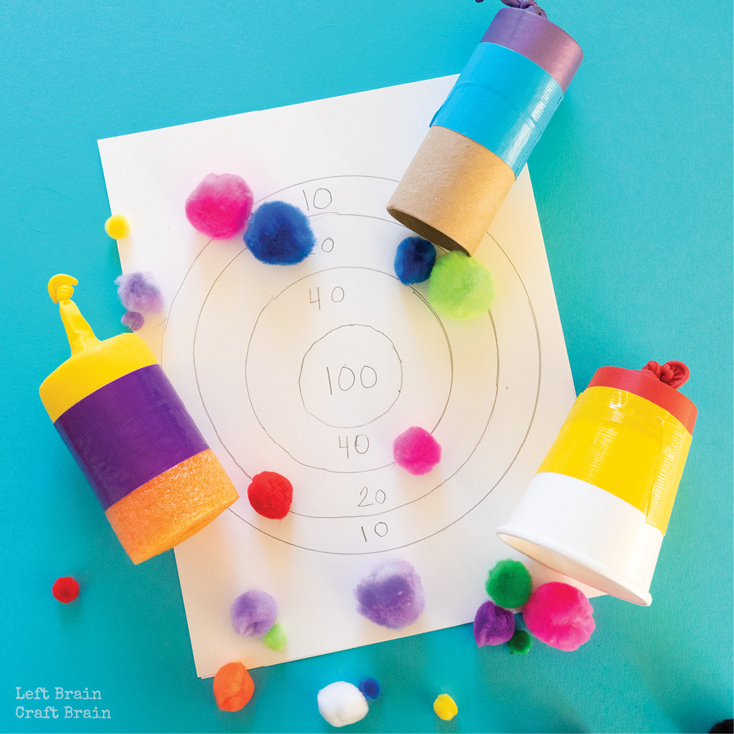 three different types of pom pom shooters with drawn target