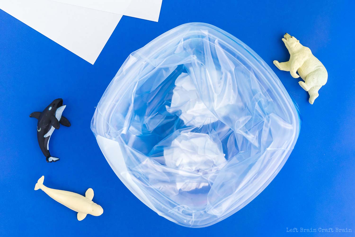 plastic container with plastic bag liner with animal toys