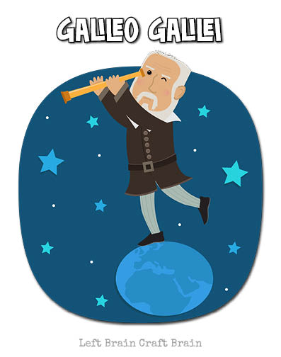 illustration of galileo galilei holding a telescope while standing on the earth with blue starry sky background